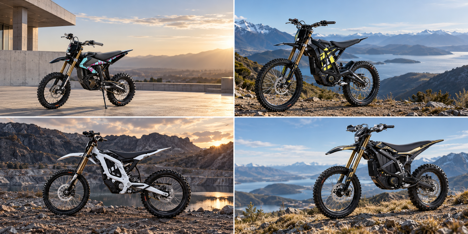 Representative collage showing four electric off-road motorcycle formats in outdoor settings