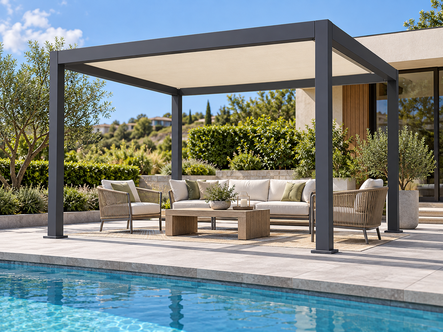 Charcoal CADARN FRAME with fitted fabric shade beside a swimming pool