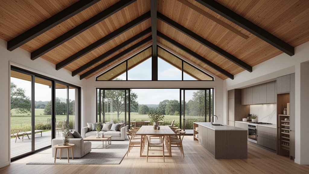 HALDVAR H2 RIDGE vaulted family living interior with timber ceiling and large glazing