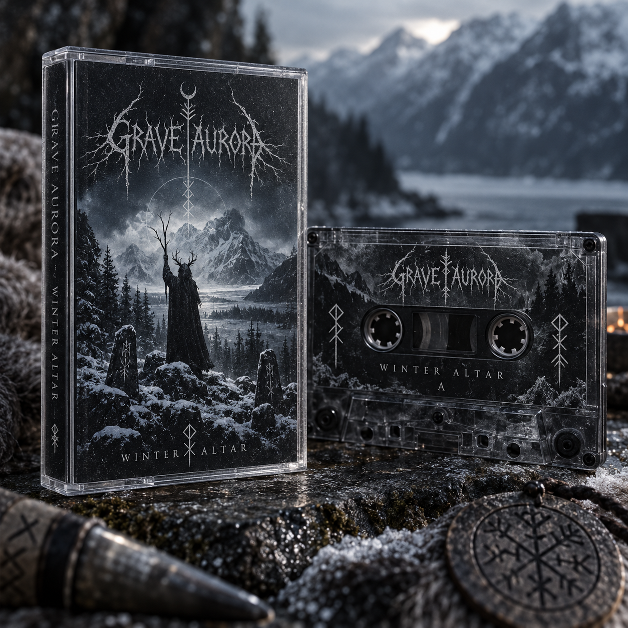 Fictional Nordic metal cassette release with icy black packaging
