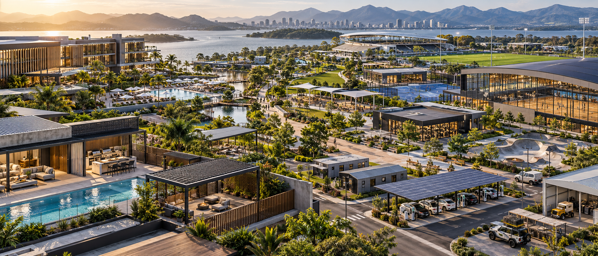Illustrative panoramic masterplan connecting architectural systems, outdoor living and pools, hospitality, sporting venues, recreation, modular buildings and charging infrastructure
