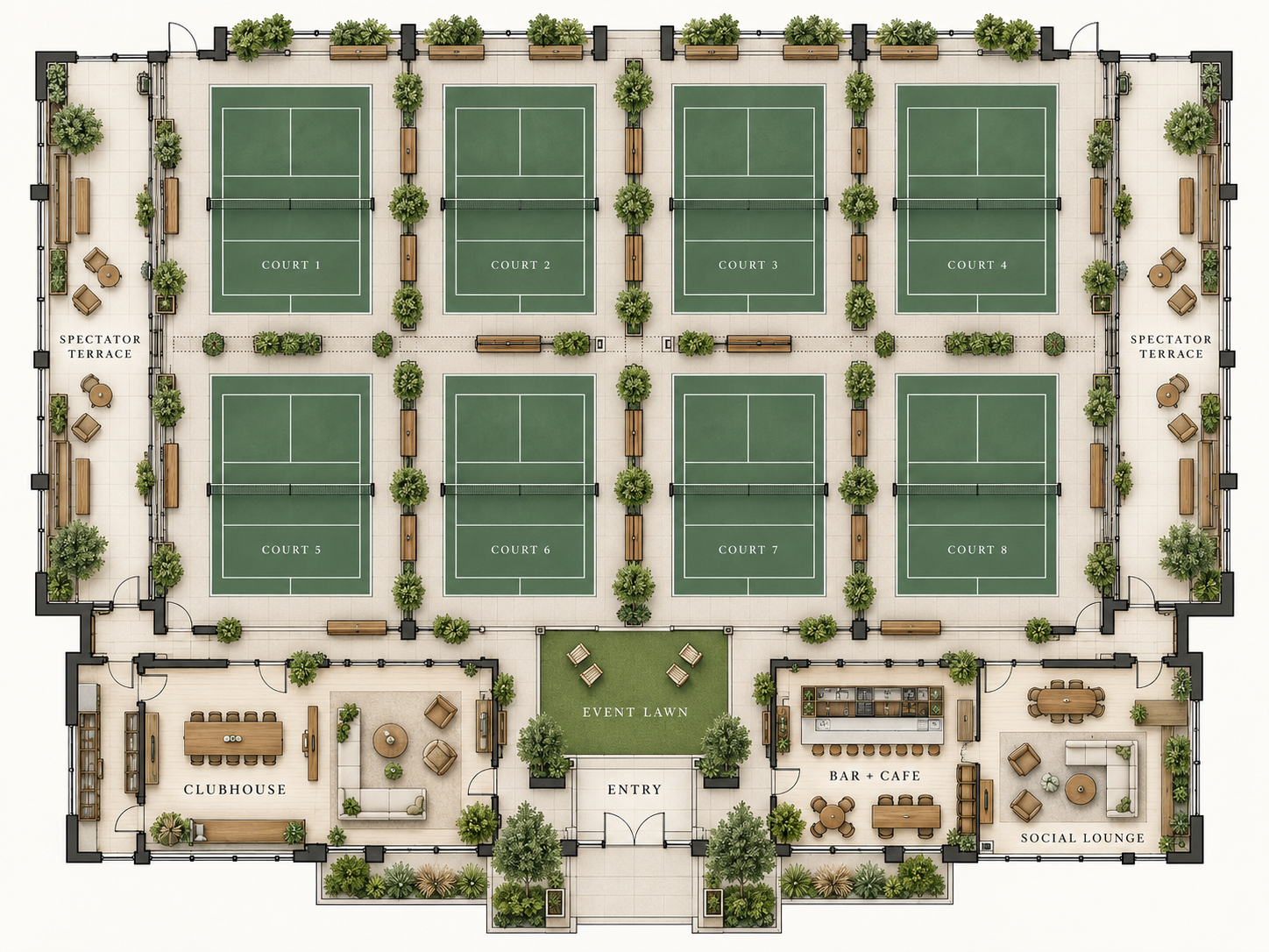 Eight-court destination pickleball venue plan with clubhouse, event lawn, bar-cafe, social lounge and spectator terraces