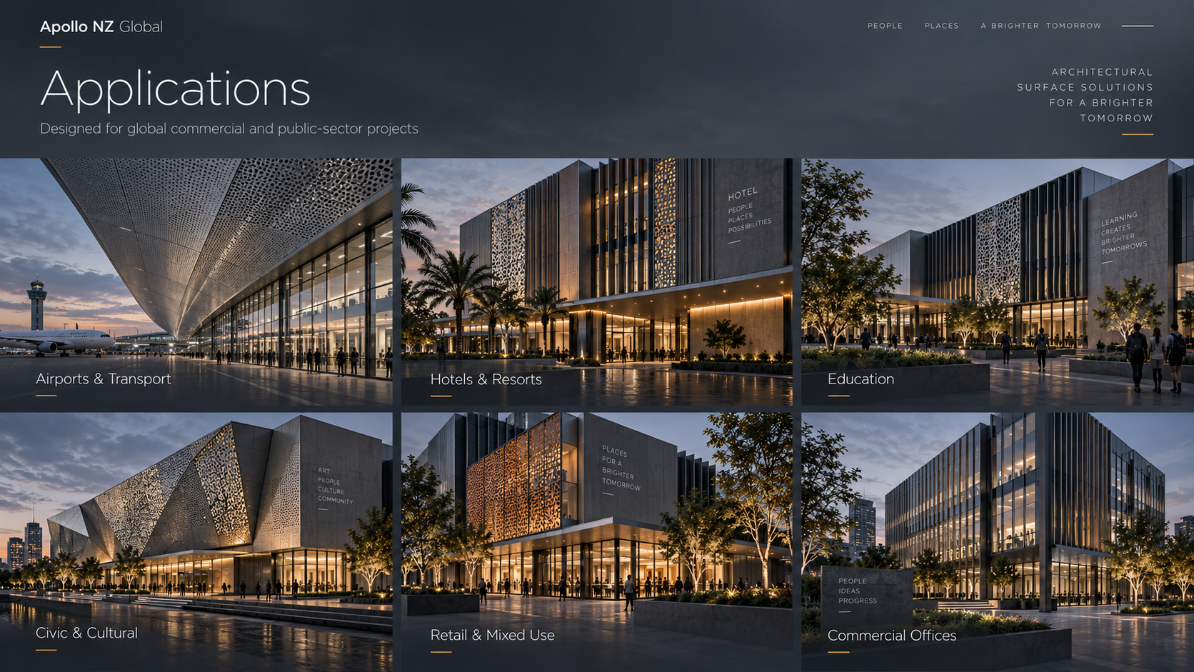 Architectural façade applications across transport, hospitality, education, civic, retail and commercial projects