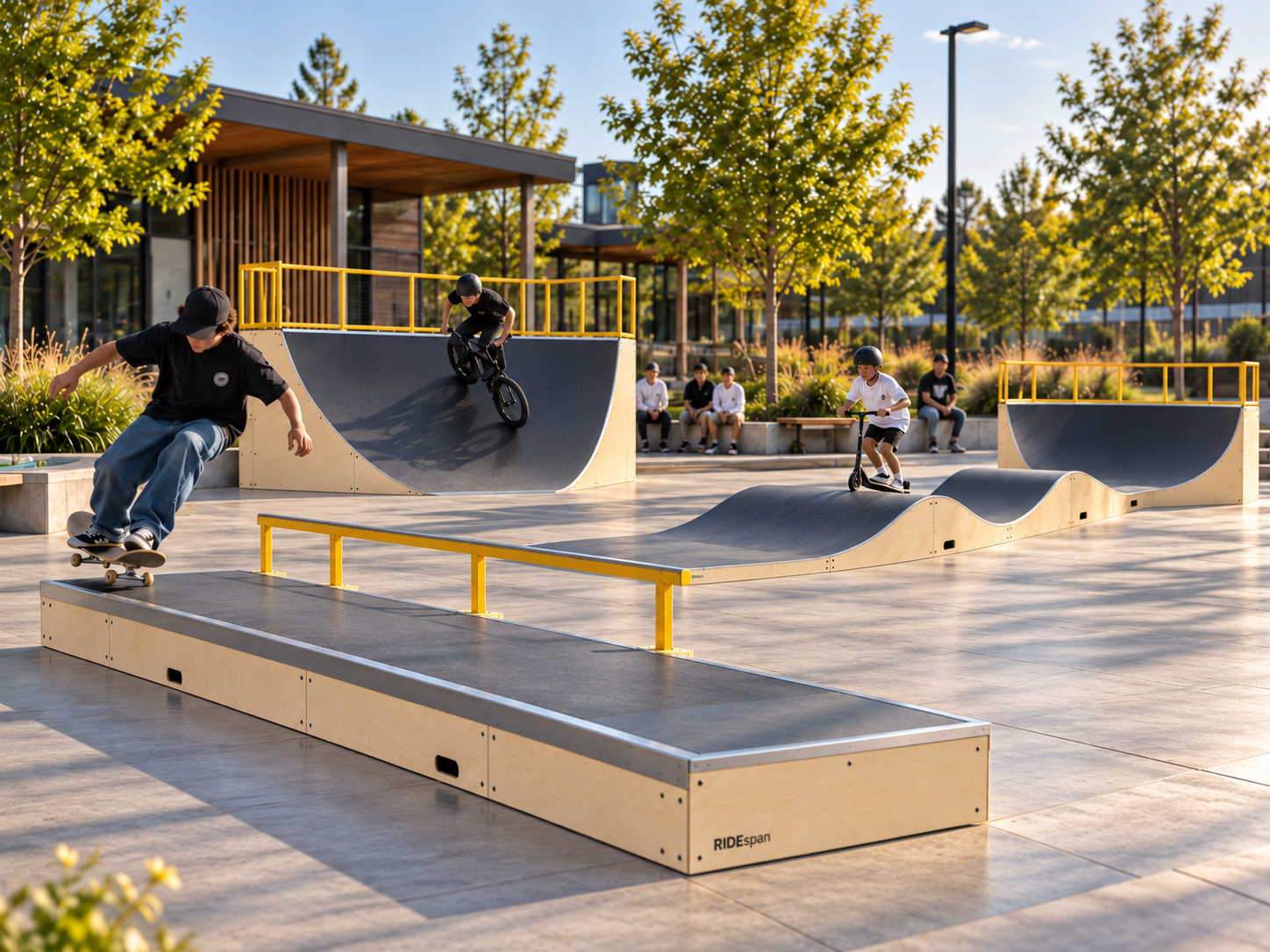 Indicative RIDEspan active-recreation park combining modular riding systems