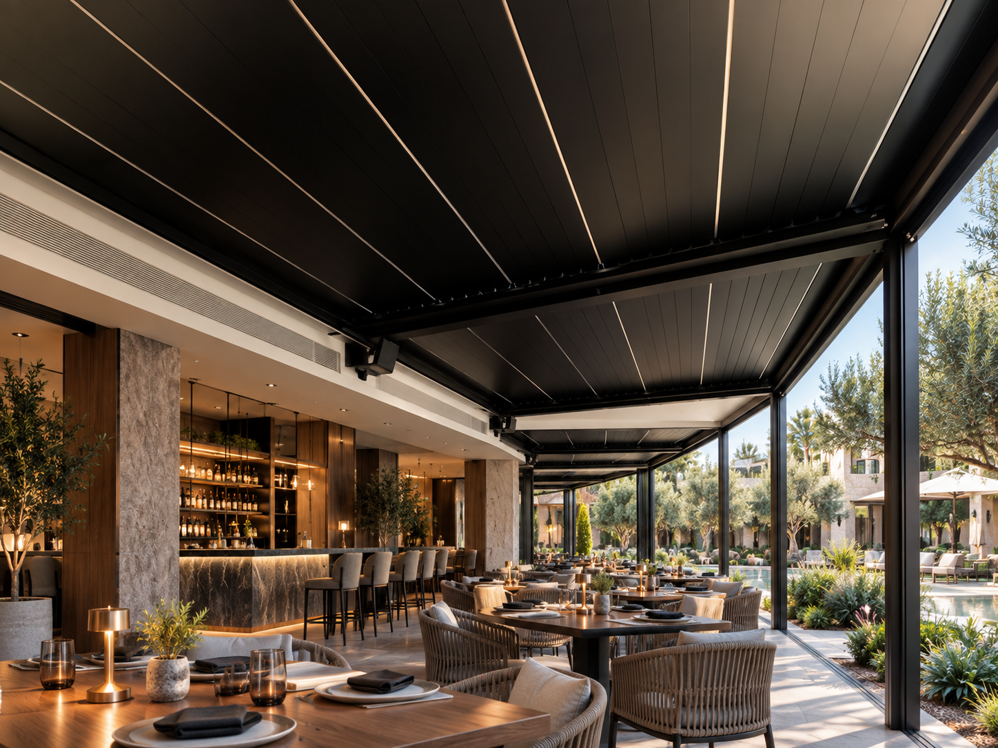Inset architectural louvre roof integrated with an existing hospitality structure