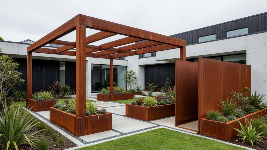 Illustrative Apollo Corten steel outdoor collection with pergola, planters and screens