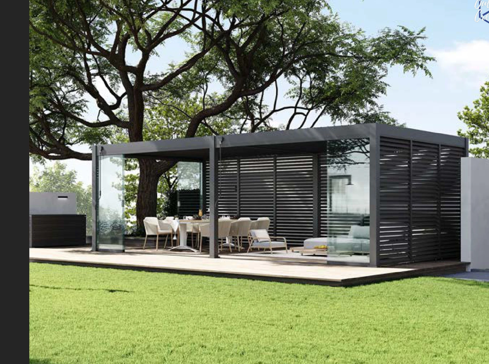 VARDHUS MAX large dark louvred pergola on a contemporary lawn terrace