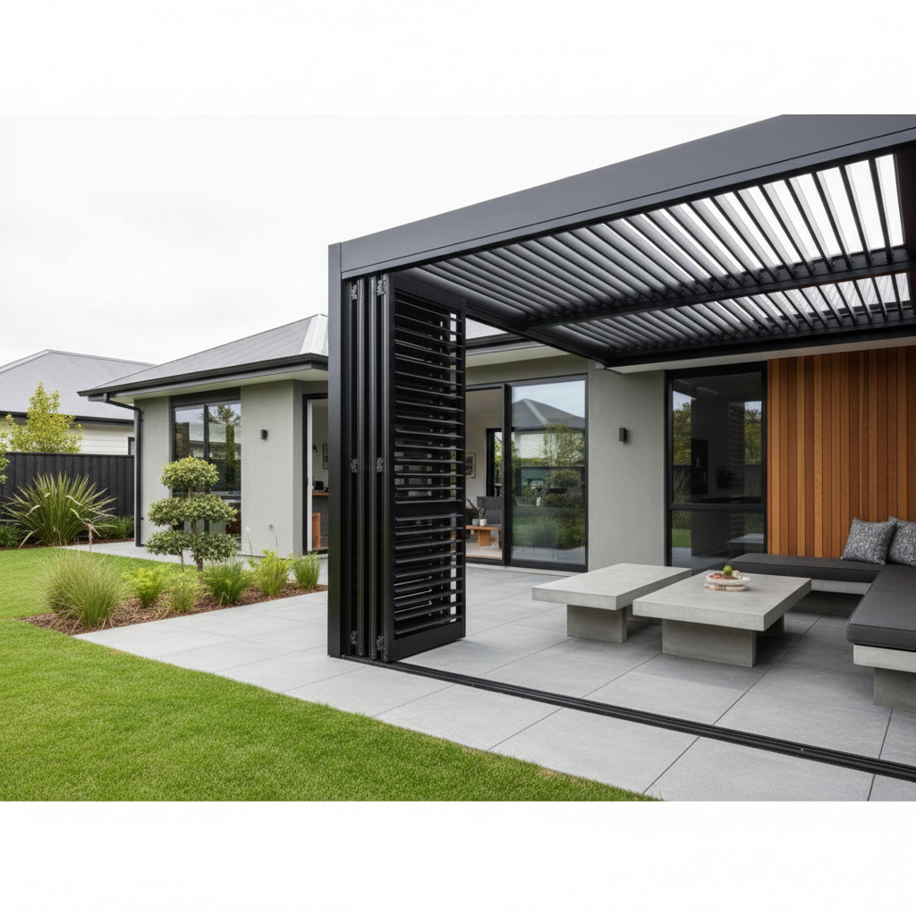 Sliding and folding aluminium shutter panels integrated into a contemporary outdoor room