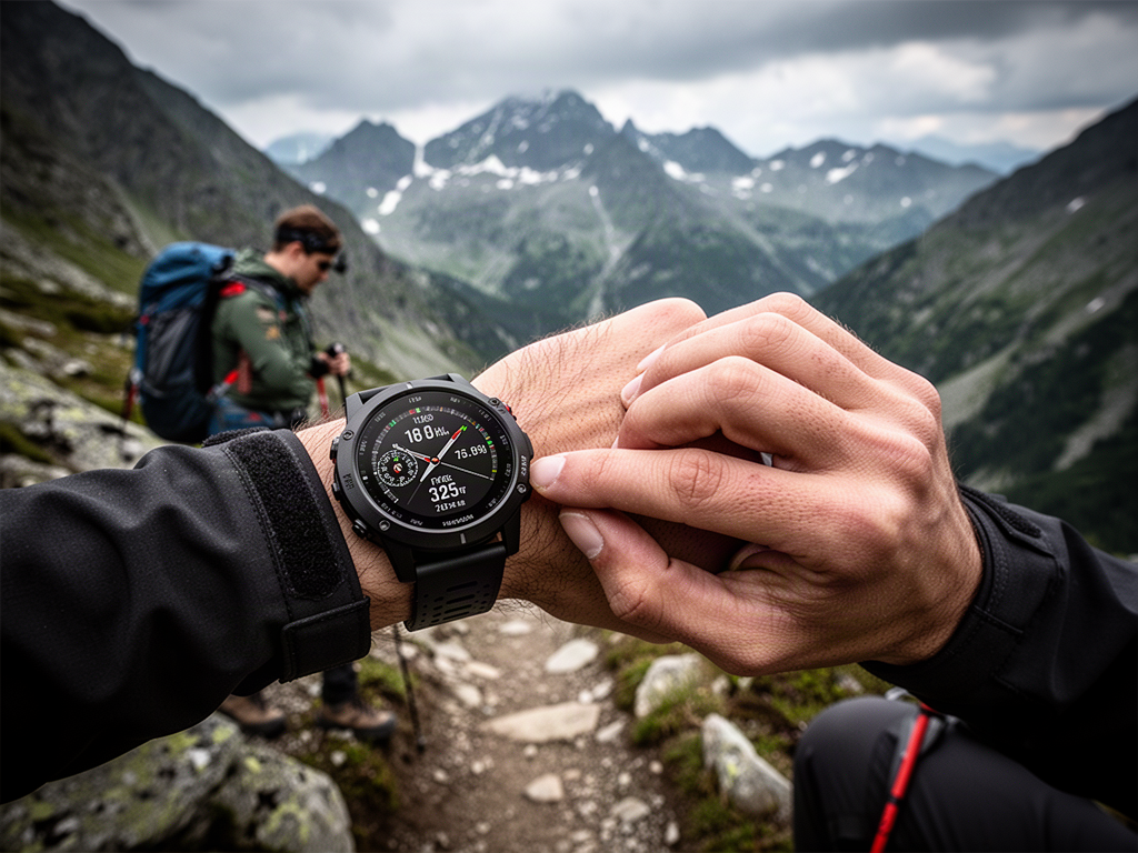 Representative rugged GPS multisport watch used on a mountain trail