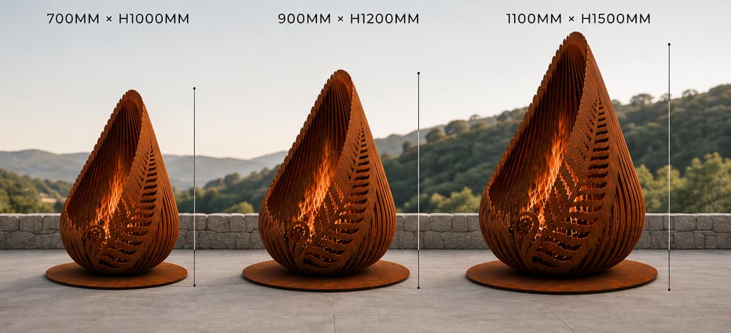 The Lumen fire pit shown in 700, 900 and 1100 mm diameter size pathways