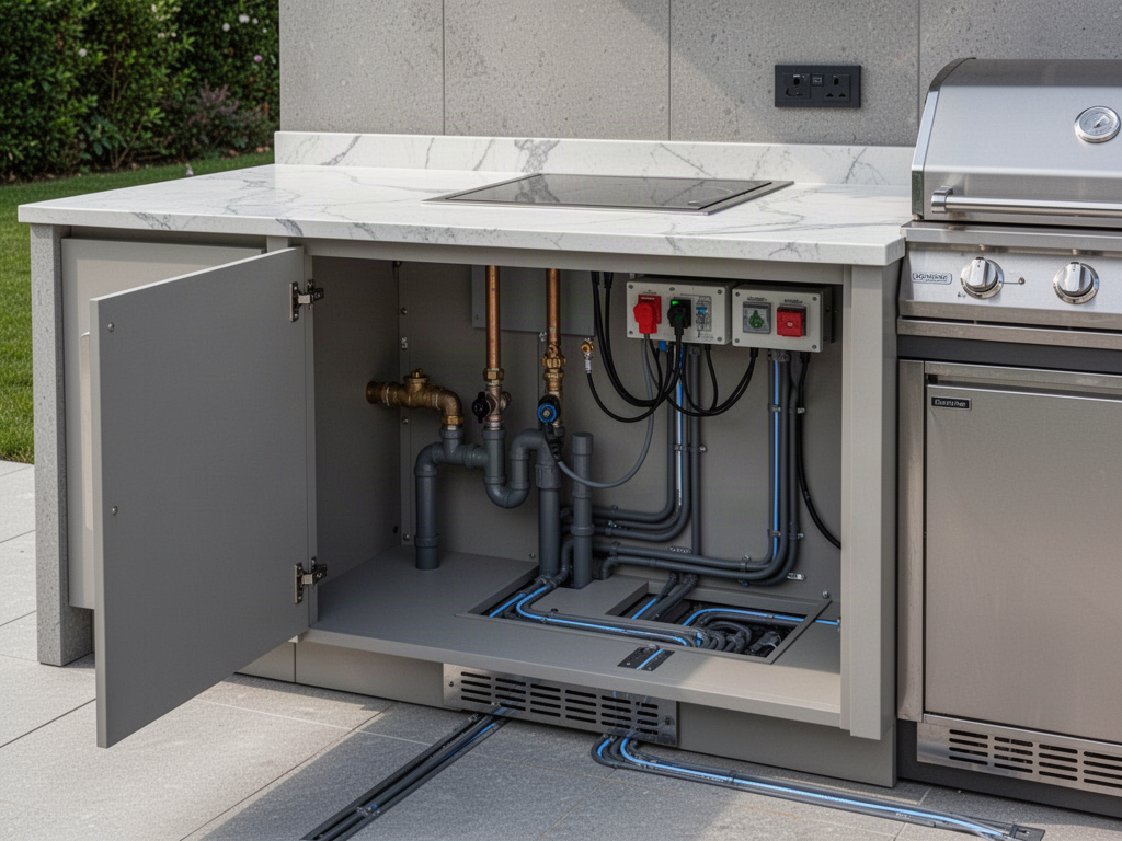 Outdoor kitchen services and maintenance-access application reference
