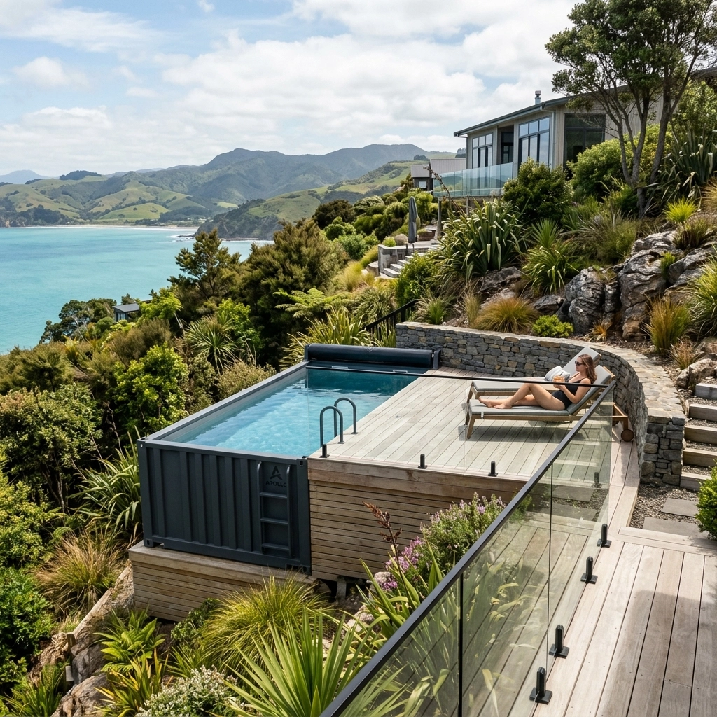 Auremont modular pool in a coastal setting suited to remote and island project planning