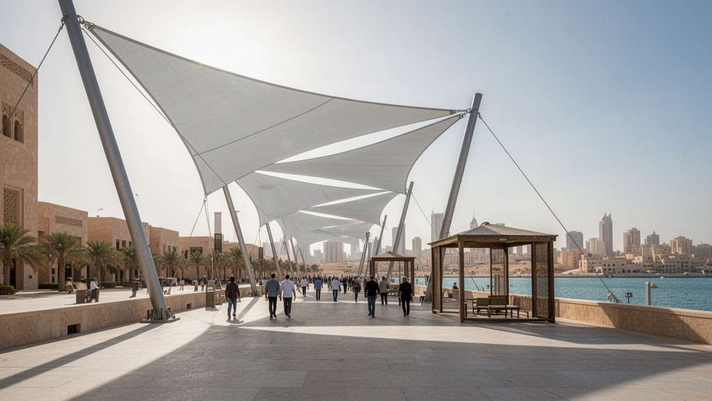 Original architectural illustration for Gulf hotel: shaded arrival and rooftop hospitality