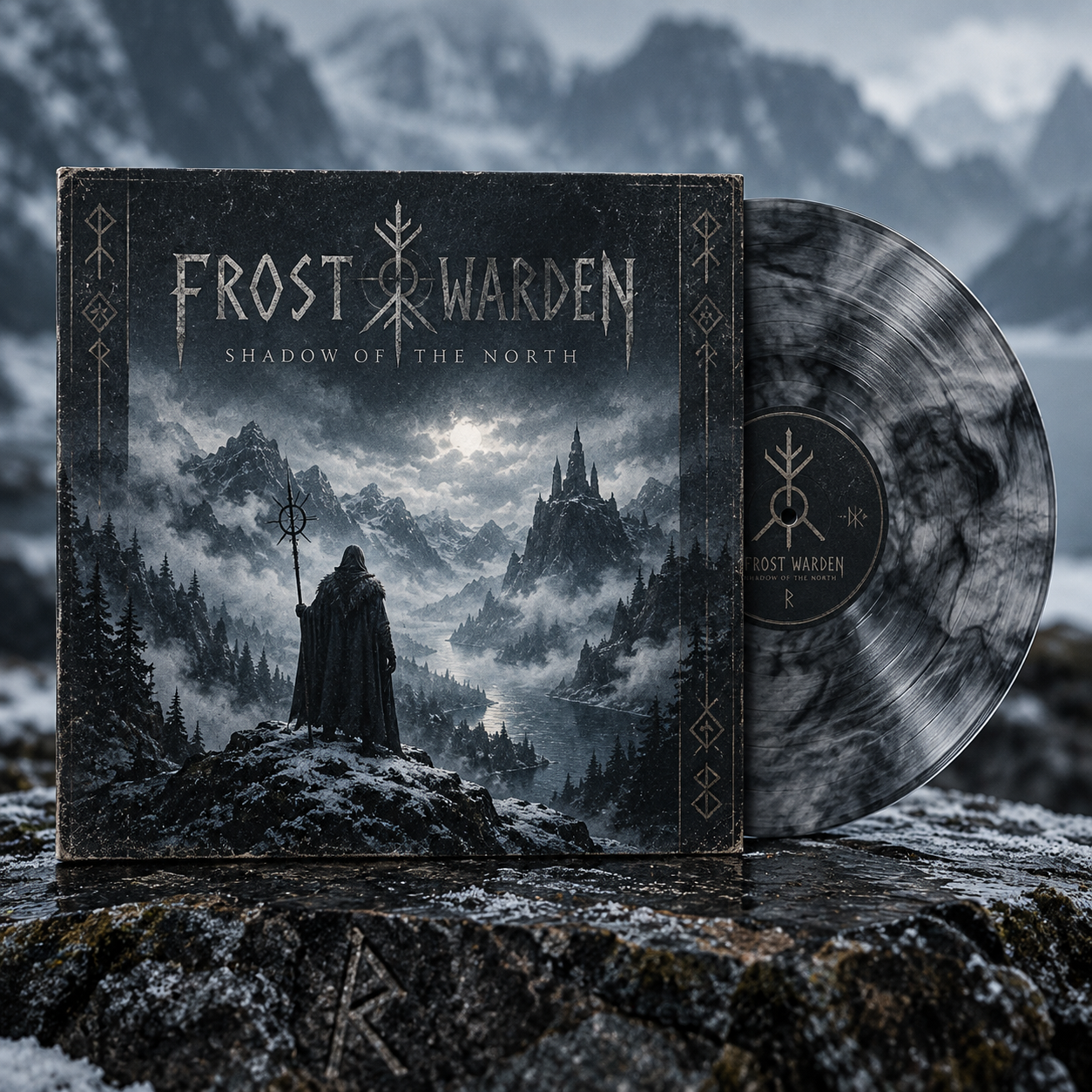 Fictional Nordic metal vinyl release with smoky marbled record