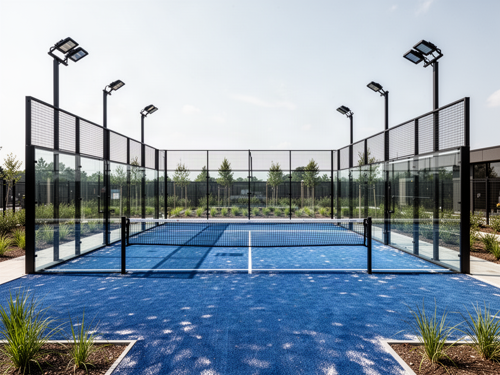 Commercial padel court with framed glass and blue turf