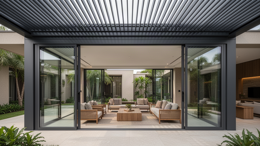 Architectural visualisation of a louvre roof with slim frameless sliding glass enclosure
