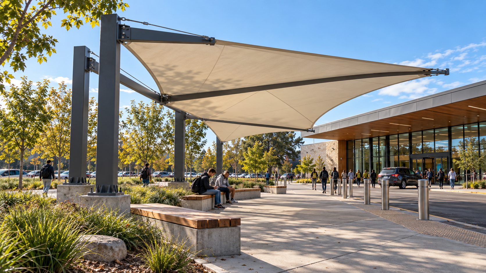Cantilever public-space shade — original architectural concept illustration