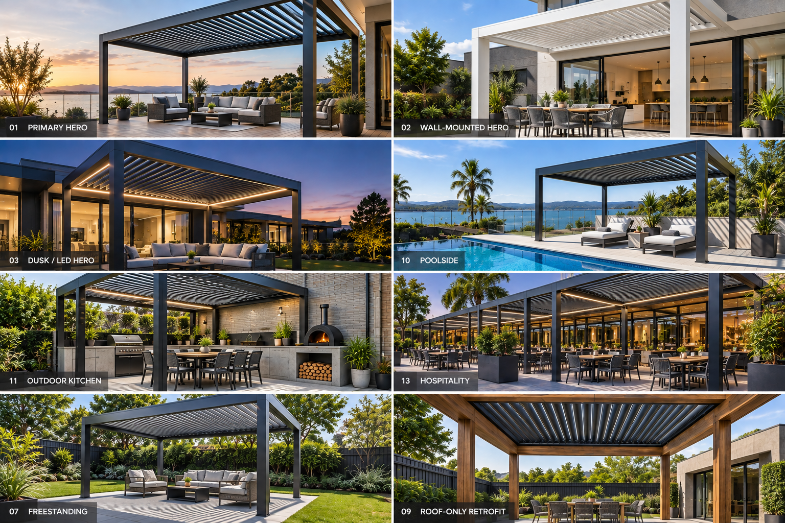 AEGIS PRIME architectural louvre system shown across hospitality and outdoor applications