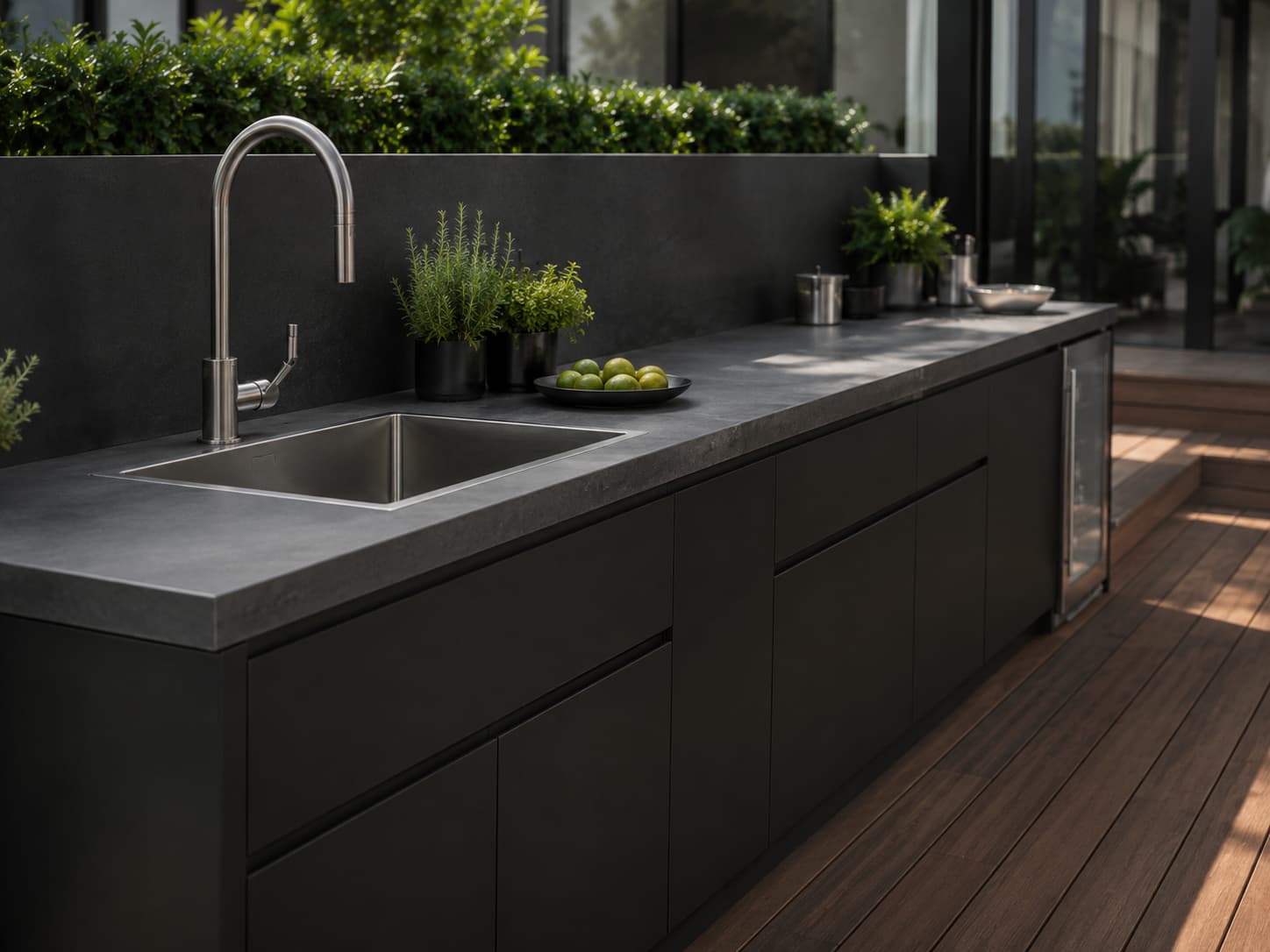 ARVIK sink and preparation cabinetry with dark worktop