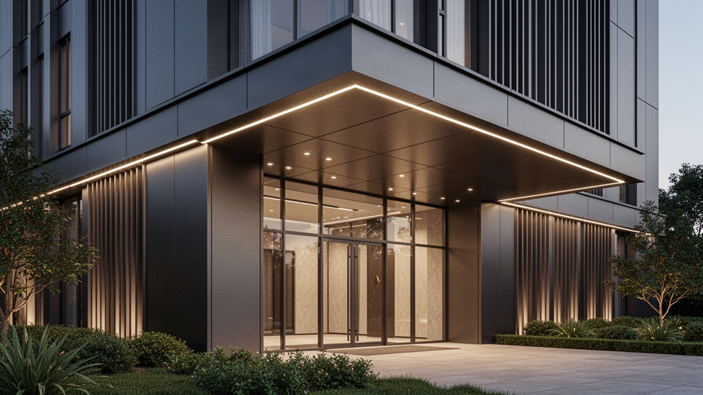 Architectural aluminium façade corner, soffit and fin integration concept