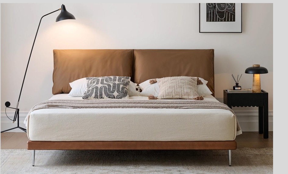 SKELVAR Mid-Century cushion headboard platform bed in warm brown upholstery
