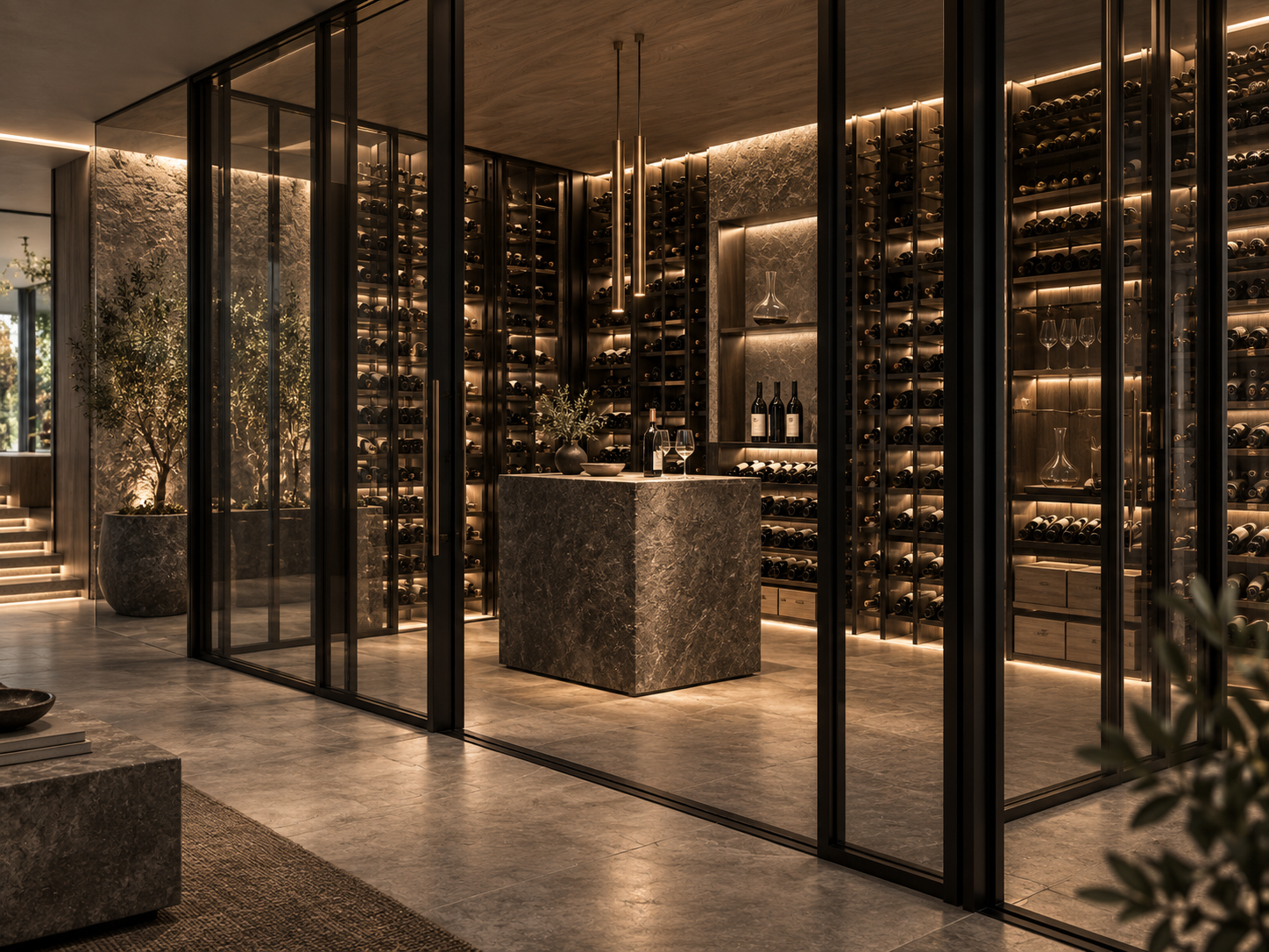 VAELTR bespoke glass and dark-metal wine cellar with integrated lighting and tasting island