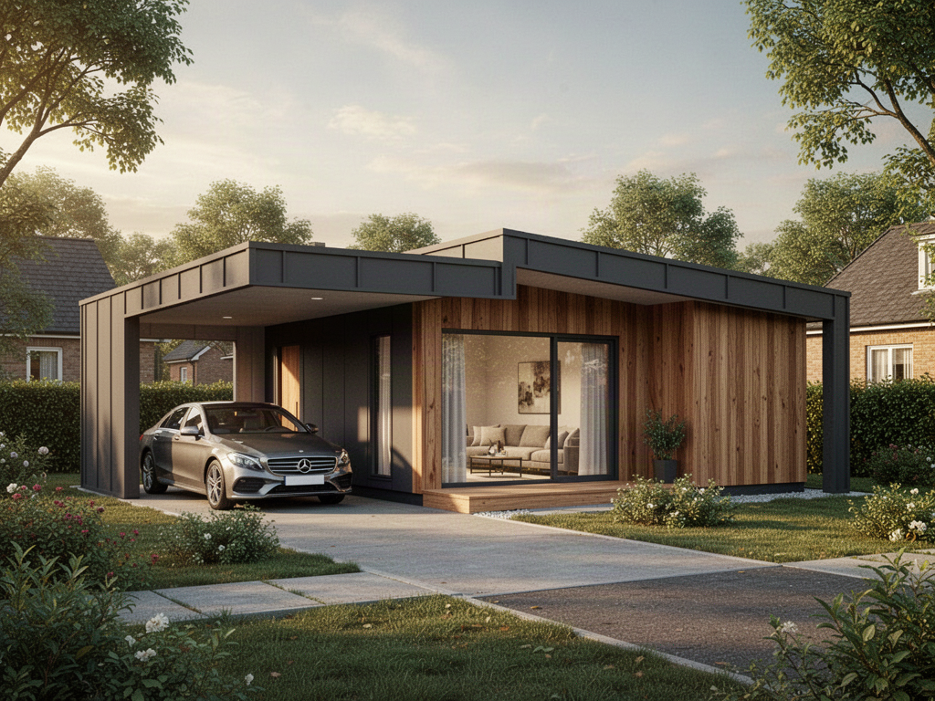 ARVELL prefabricated home with integrated carport and warm timber finishes