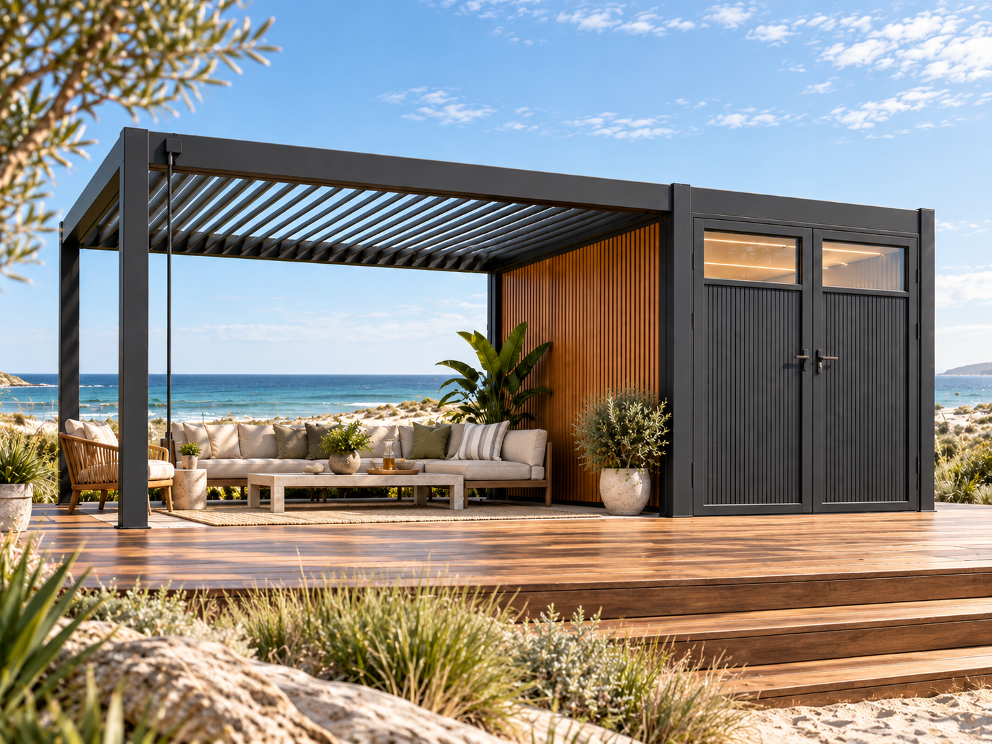 CADARN POD 3060 on a coastal timber deck overlooking the sea