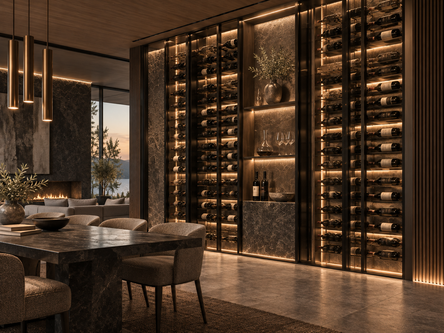 VAELTR architectural wine wall integrated into a premium dining interior