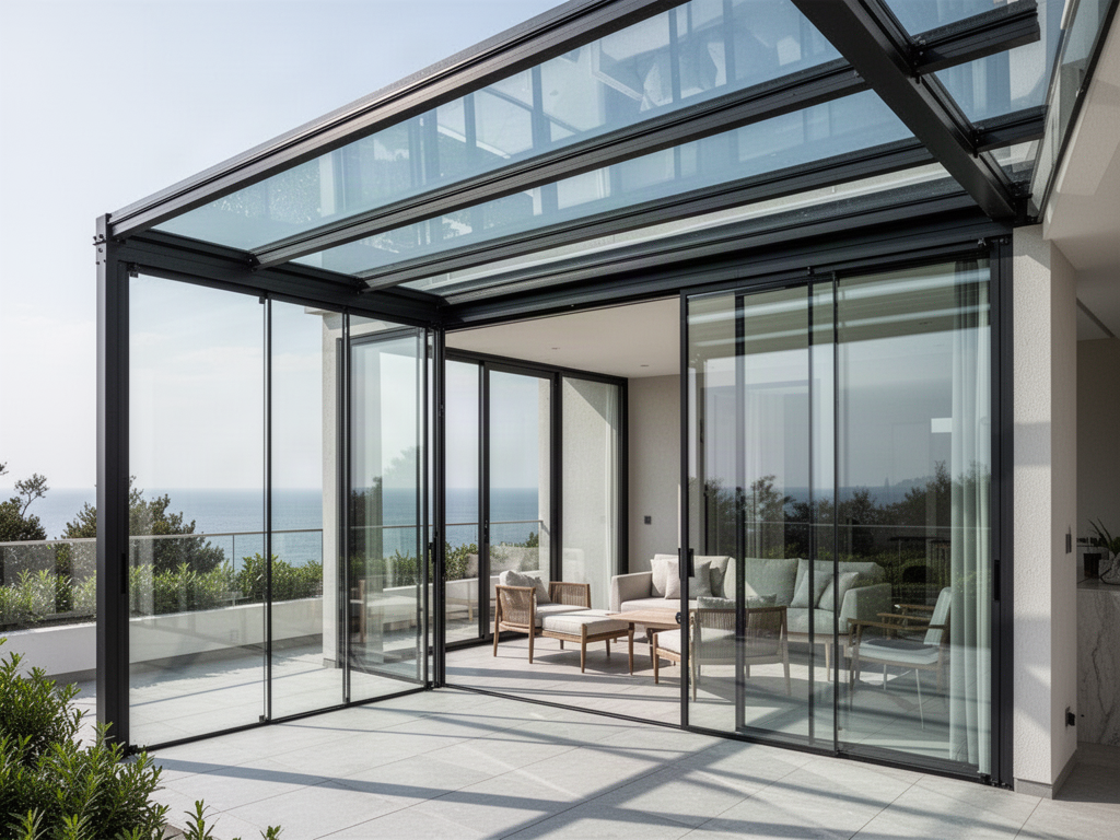Architectural terrace enclosed with sliding and folding glass beneath a retractable roof