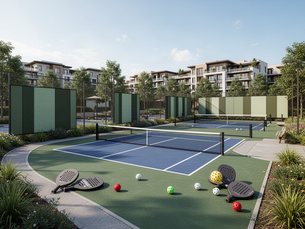 Outdoor pickleball courts with purpose-designed acoustic screening at the sensitive boundary
