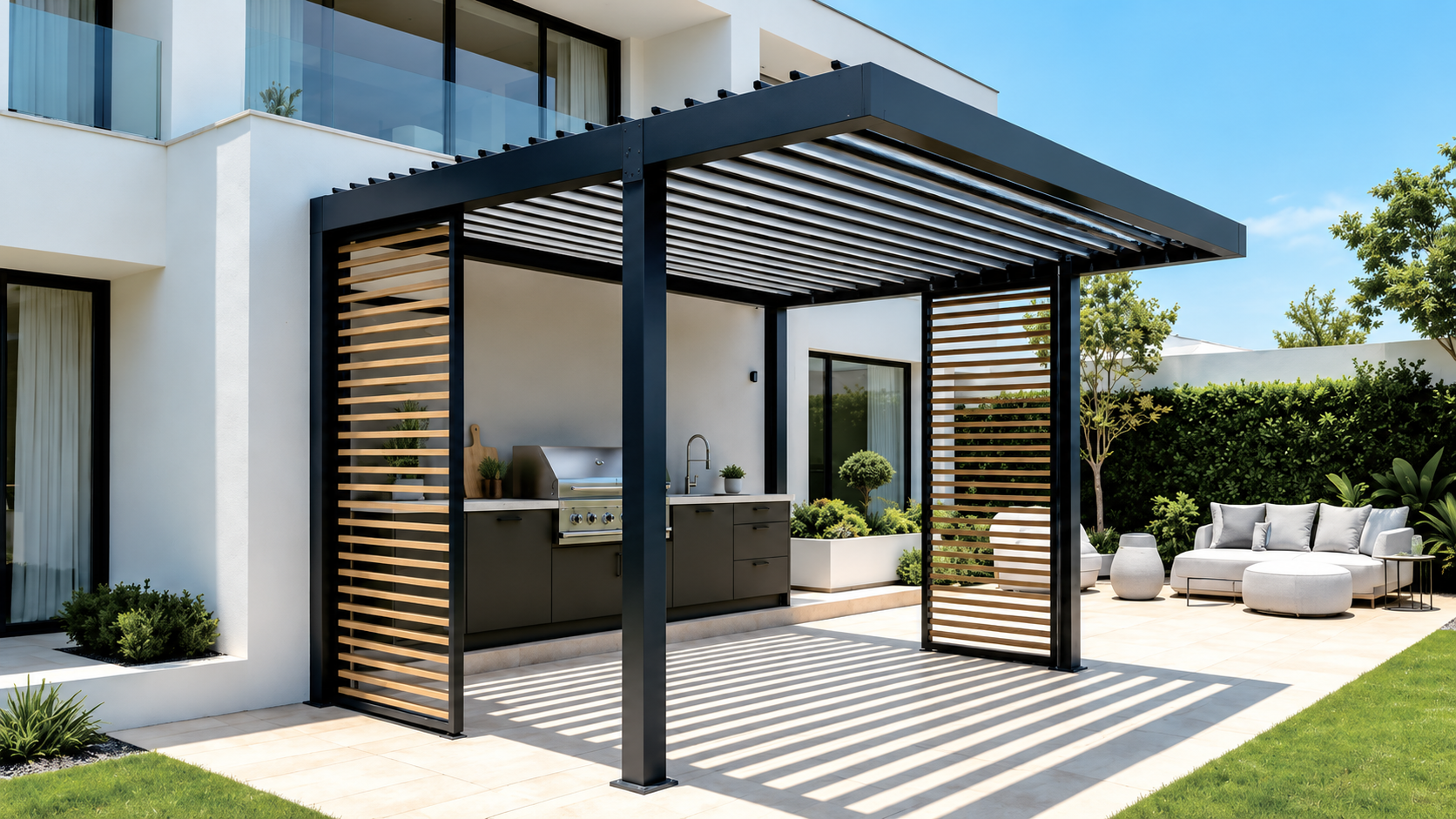 Illustrative steel louvre outdoor kitchen shelter