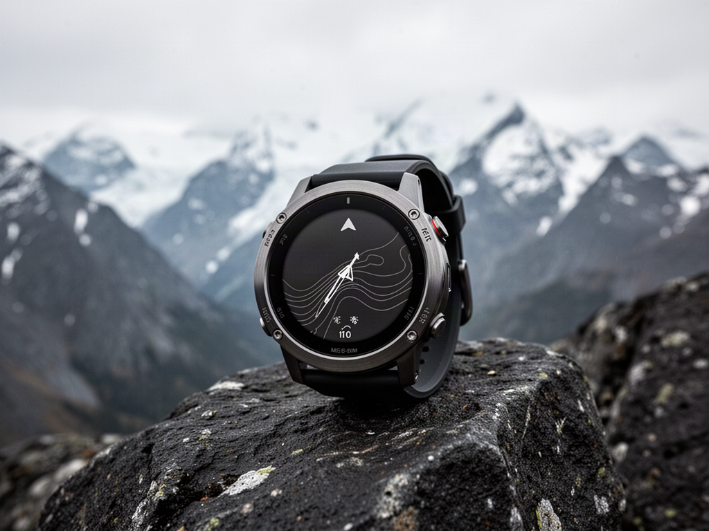 Representative NORDVIK TRAVERSE GPS watch on alpine rock beside navigation equipment