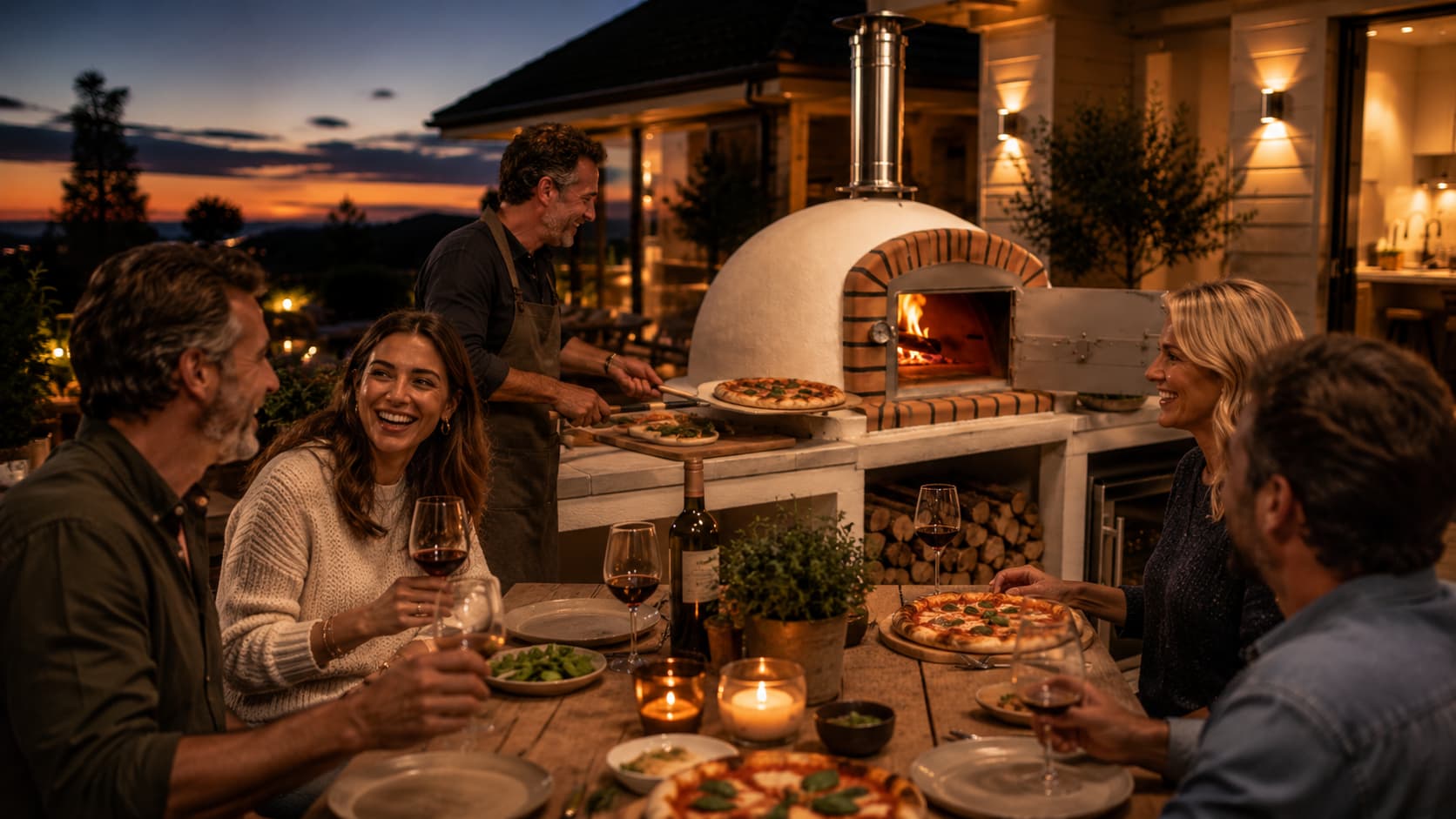Wood-fired oven with bread and roast chicken prepared beside it