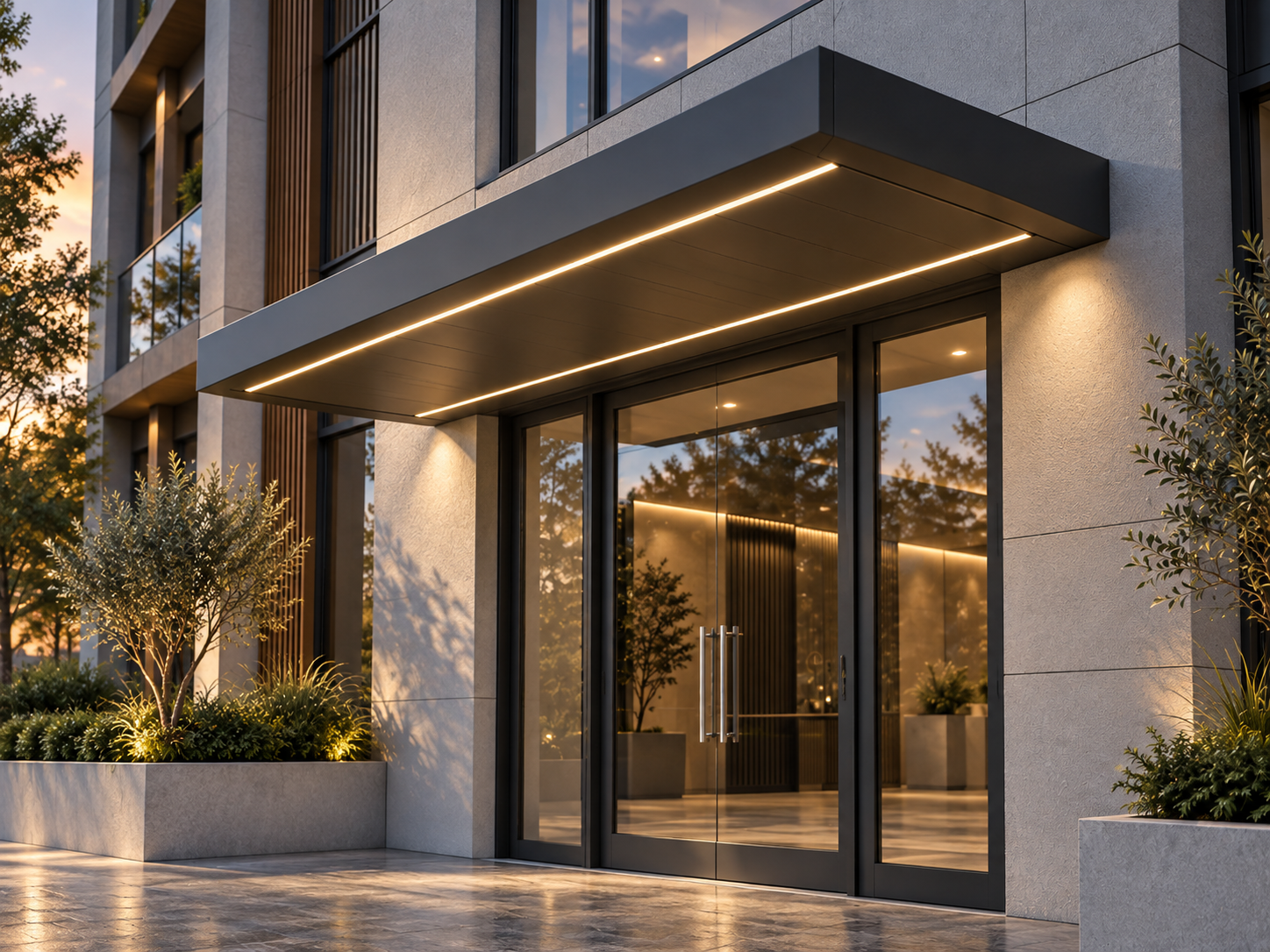 Graphite entrance canopy with linear lighting