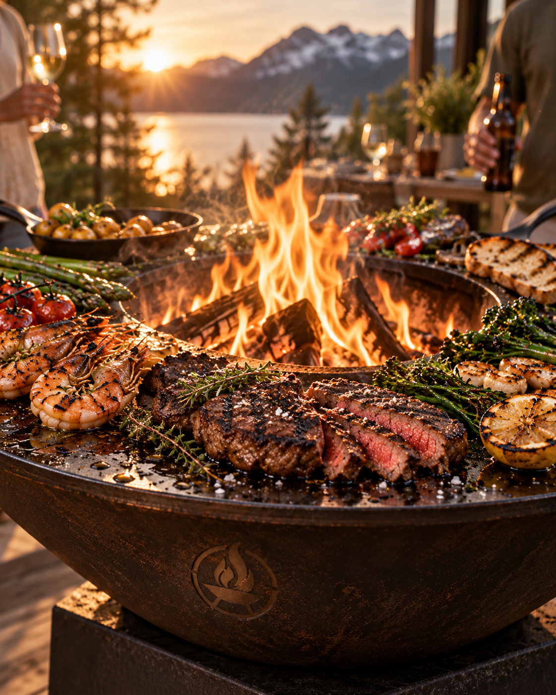 Steak, seafood and vegetables cooking around the central FJARVIK live fire