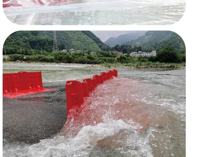 Red modular flood barriers diverting fast moving water