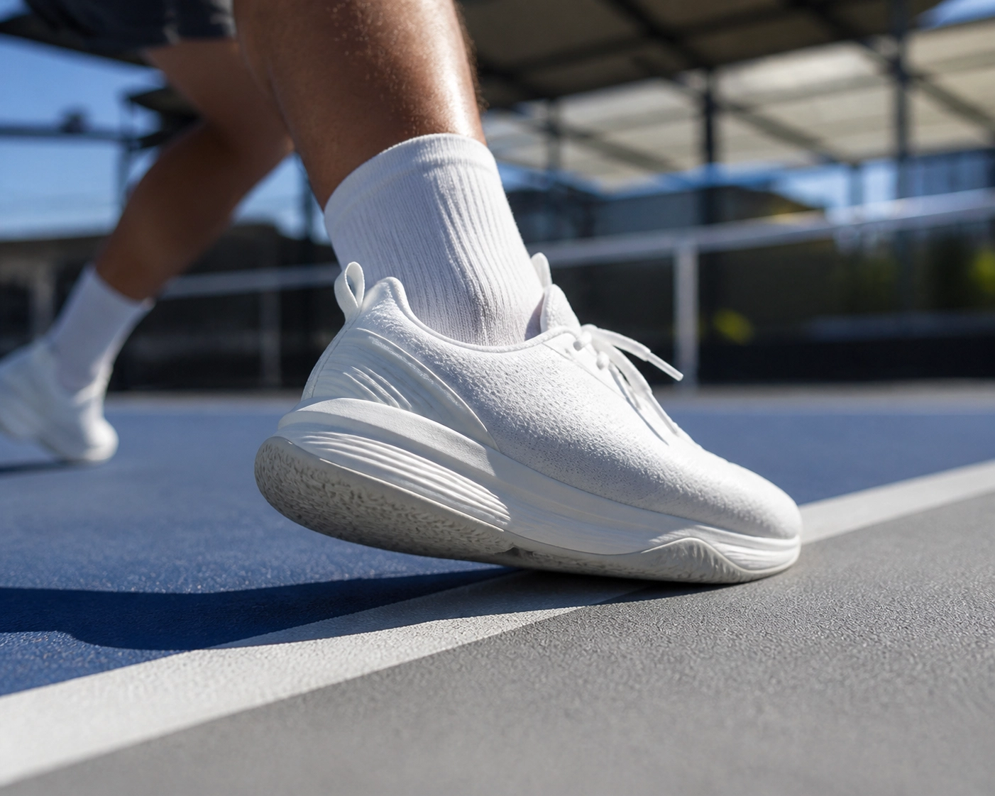 Close view of pickleball player footwork on a sports surface