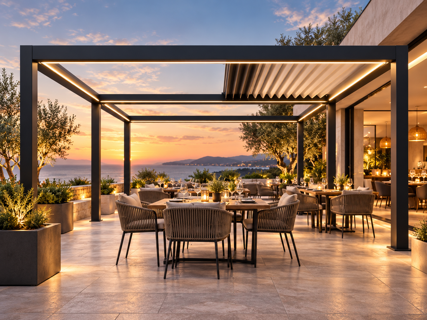 CADARN APERTA retractable aluminium roof over an outdoor hospitality dining terrace