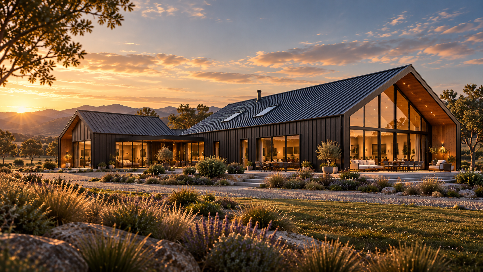 HALDVAR H2 RIDGE larger contemporary family barn homestead with dark gabled roof and sheltered terrace