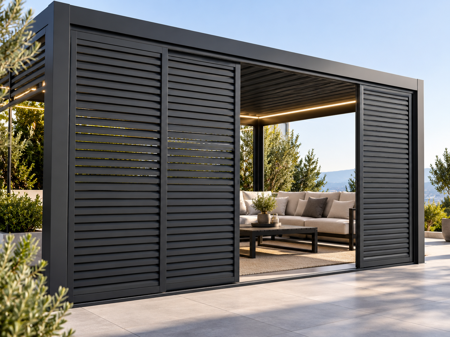 Sliding louvred side panel — illustrative ORZENZA accessory visual