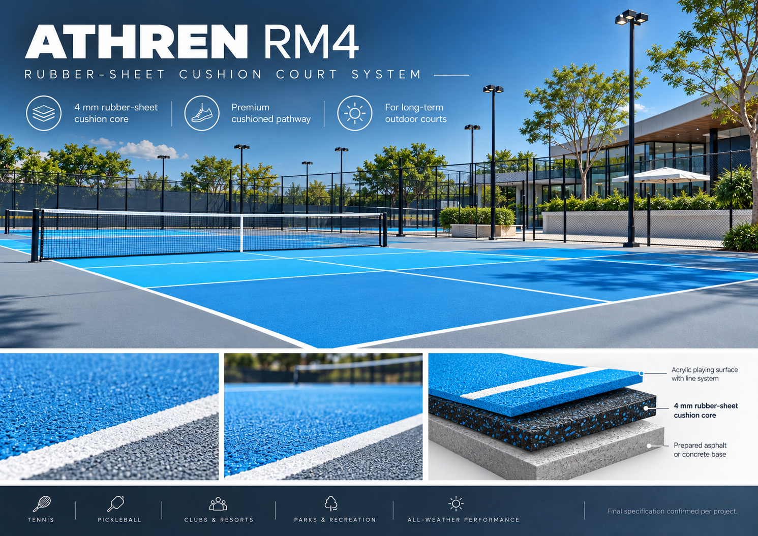 ATHREN RM4 rubber-sheet cushion tennis court system