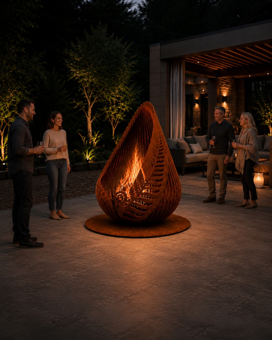 People gathered around The Lumen Corten steel fire pit in a landscaped outdoor entertaining area
