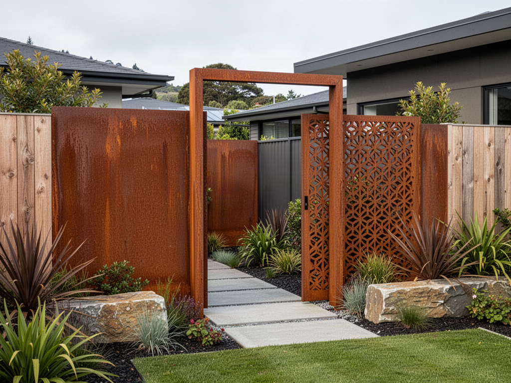 Illustrative Corten weathering-steel privacy screens and entry frame in a New Zealand garden