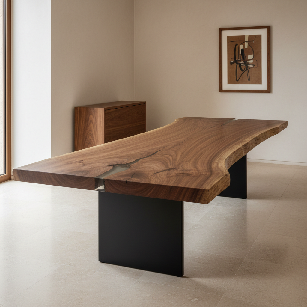 Editorial visual for the SKELVAR ATELIER FORM sculptural walnut dining table