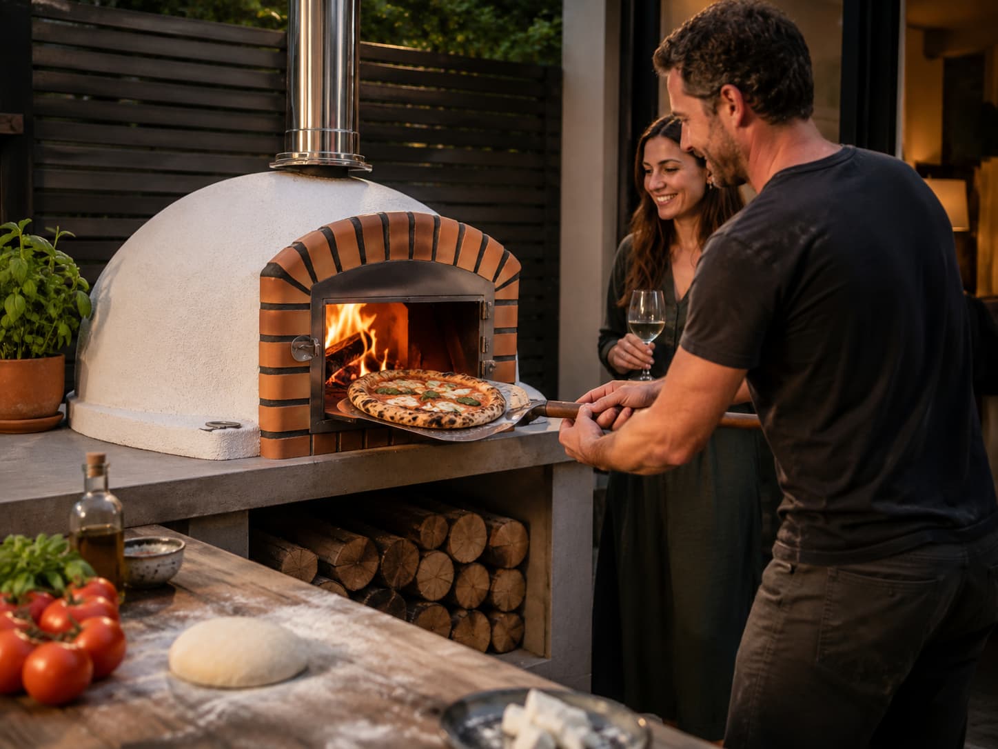 Cook removing pizza from a wood-fired oven while a guest watches
