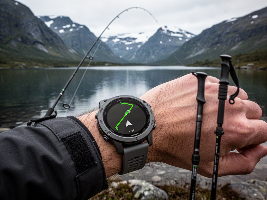 Representative NORDVIK TRAVERSE GPS outdoor watch beside a remote mountain lake