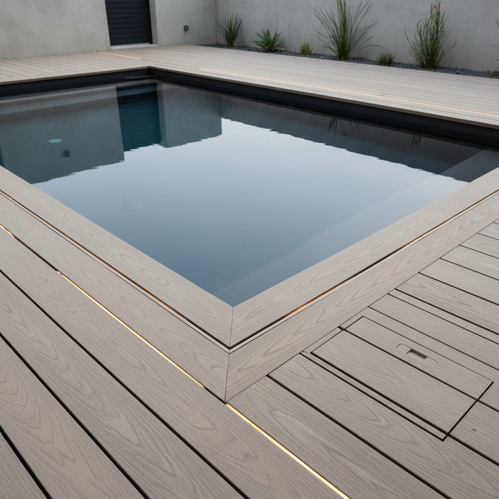 Pool deck and surrounding site planning diagram showing finished levels and access