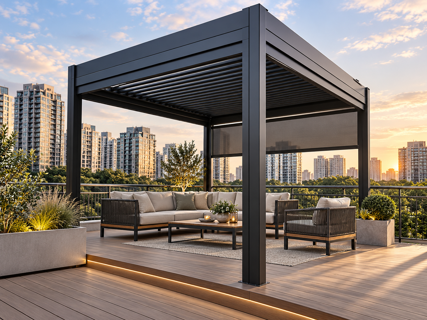 Illustrative contemporary home terrace with louvred shade