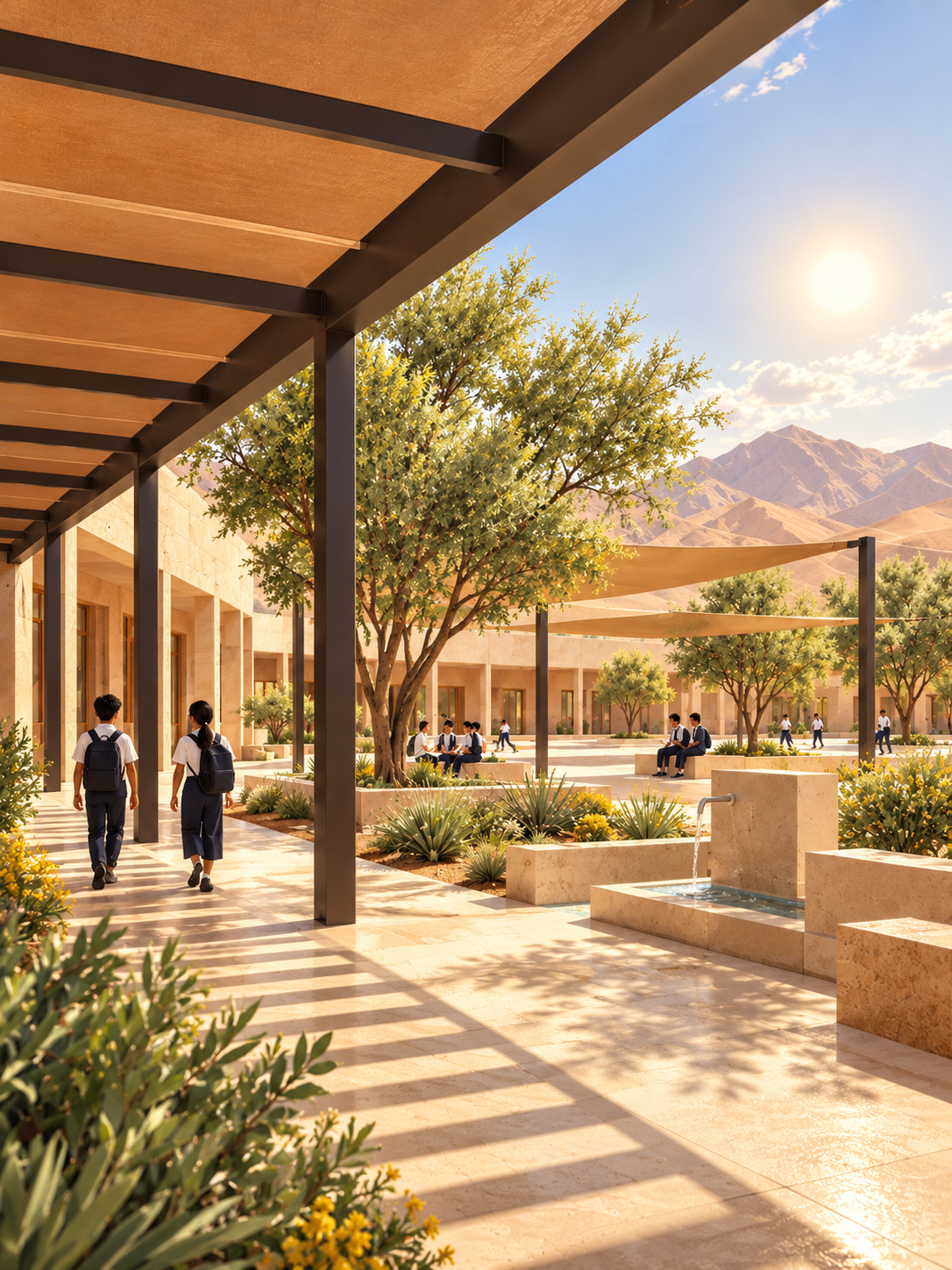 Approved glossy Desert Futures school courtyard illustration